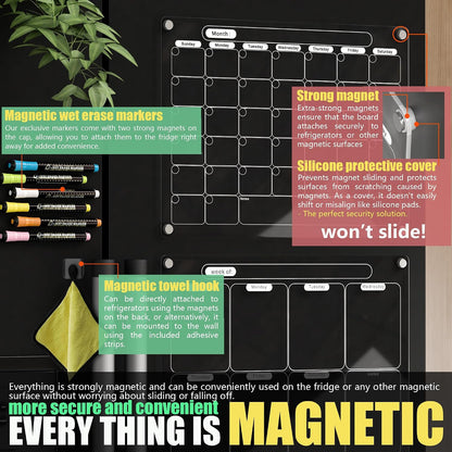 Acrylic Magnetic Dry Erase Calendar for Fridge Clear Blank Whiteboard Planner Erasable Planning Board 16" x 12" w/ 6 Color Wet Erase Marker
