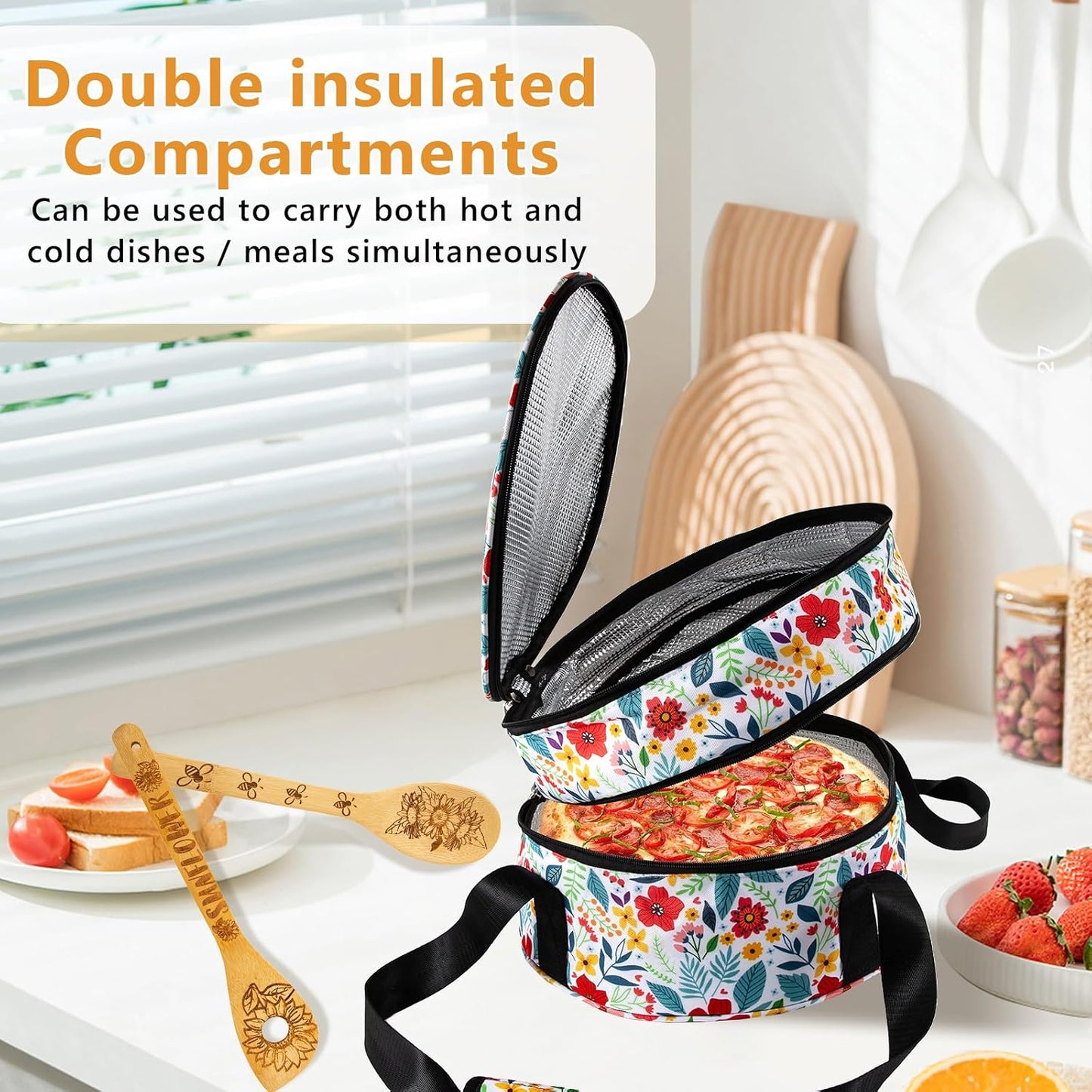 Casserole Carrier &5Pcs Sunflower Wooden Cooking Spoons Set,12.5" Pie Carrier,2 Compartments Insulated Pie Carrier with Lid and Handle,Pie Carrying Case,Kitchen Baking Spoon Kitchen Gift Set