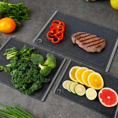 Kikcoin Plastic Cutting Boards for Kitchen, 3-Piece Large Cutting Board Set Dishwasher Safe Chopping Boards with Non-slip Feet and Juice Grooves, Gray