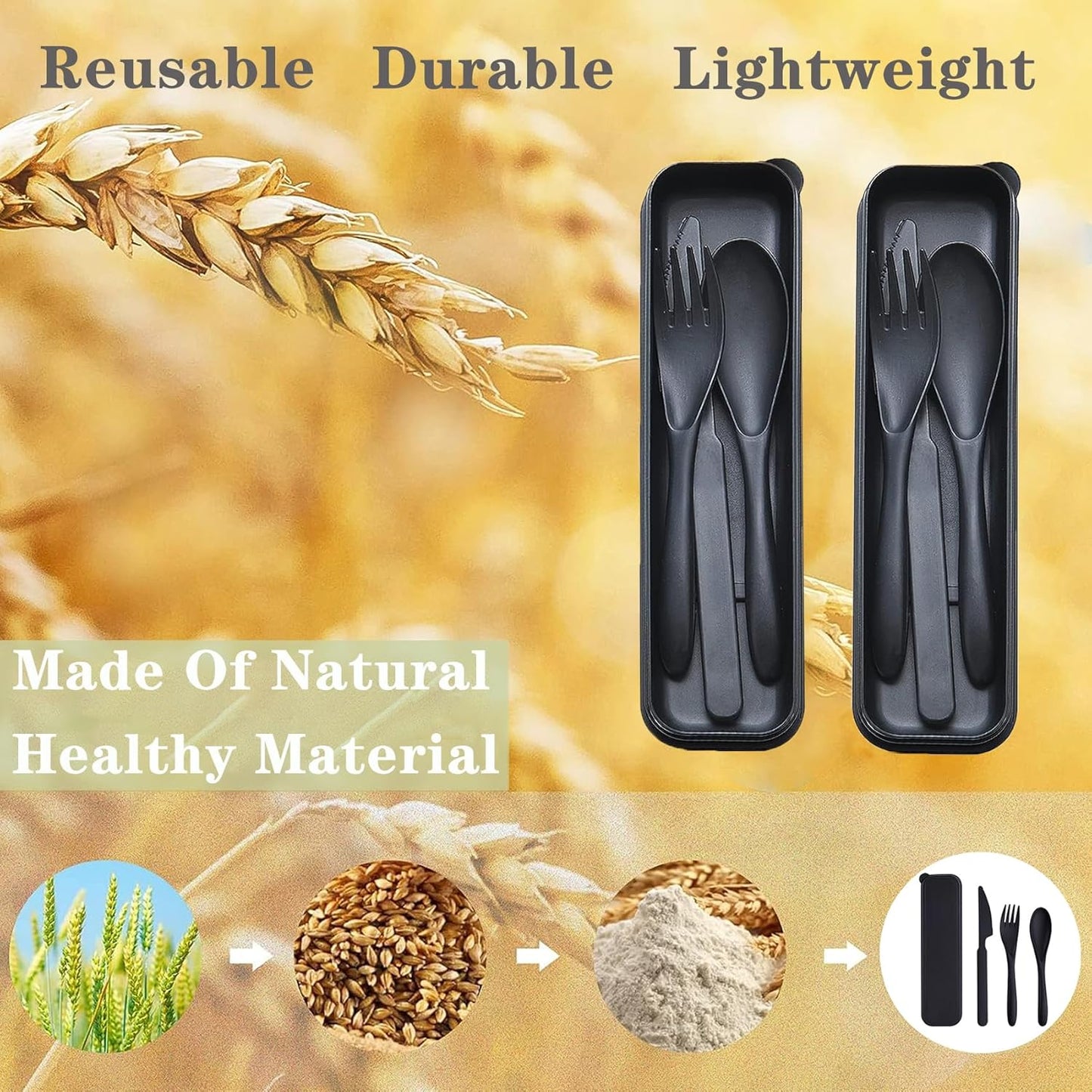 Reusable Travel Utensils Set with Case, 2 Sets Wheat Straw Portable Plastic Fork Spoons Knife Cutlery, Camping Eco-Friendly BPA Free Tableware for Kids Adults Work Picnic or Daily Use (Pink)