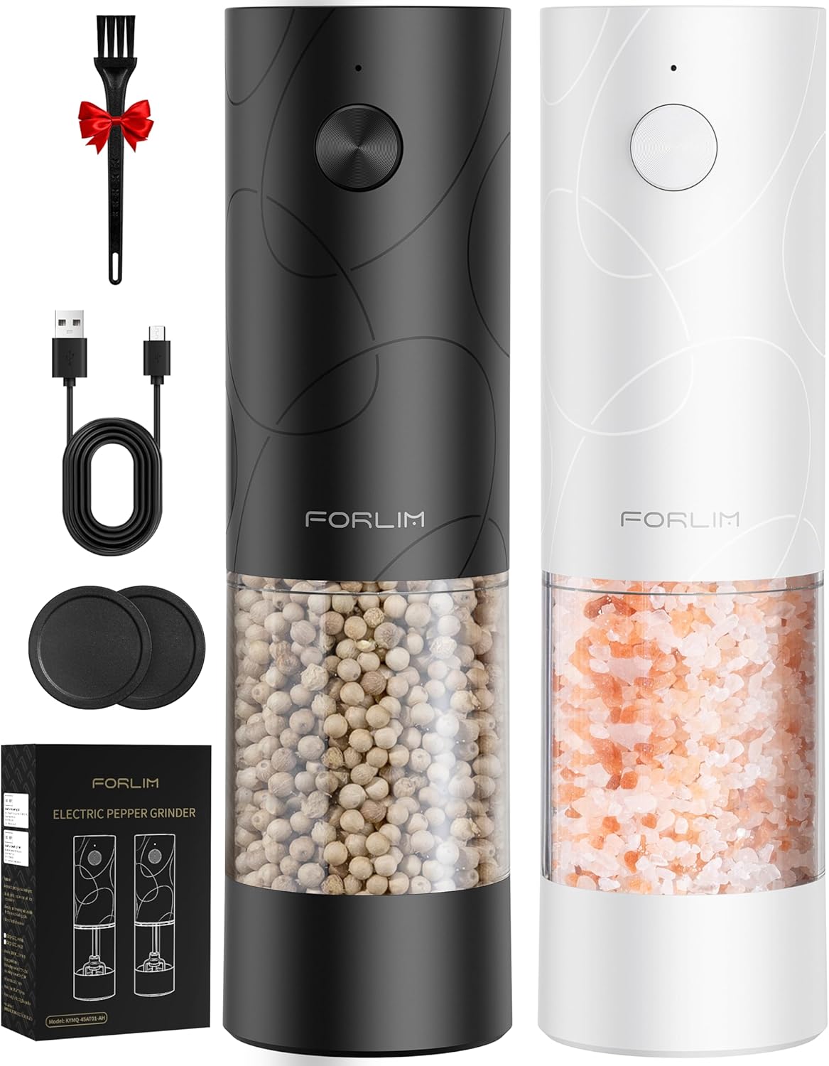 FORLIM Electric Salt & Pepper Grinder Set, Rechargeable 2 Pack, Black White