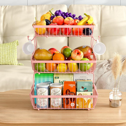 2 Tier Fruit Basket for Kitchen Counter with 2 Banana Hangers, Countertop Metal Bread Basket with Wooden Handle, Large Storage Stand for Vegetables, Snacks, Eggs, Produce Storage – Black