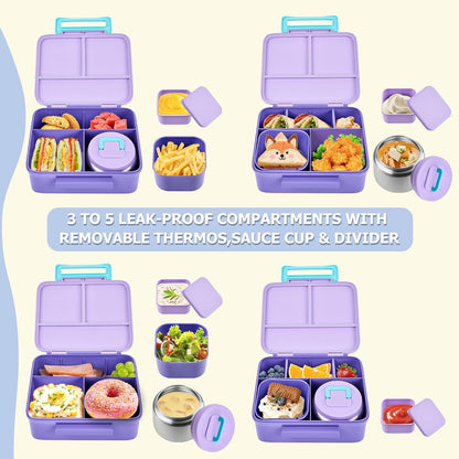 Bento Lunch Box for Kids with Thermo, Leakproof Bento Box with 8oz Insulated Food Jar, Insulated Bottle, Lunch Bag, BPA Free Dishwasher Safe 4 Compartment Container for School Girls Boys (Pink)