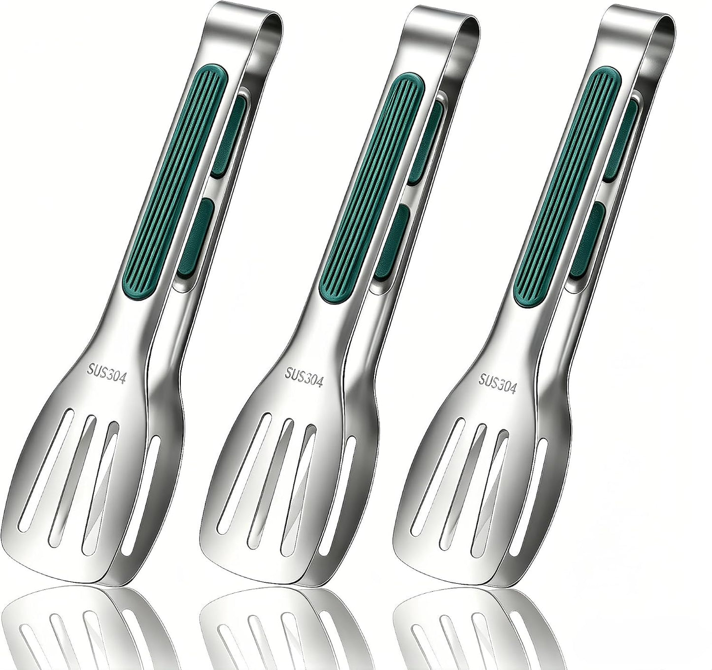 Stainless Steel Kitchen Tong Set - Anti-Slip Heat-Resistant Grip, Widened 3-Line Slotted Heads for Easy Clamping (Steaks, BBQ, Pasta, Salads), Easy Clean for Versatile Use Set of 3-6", Silver