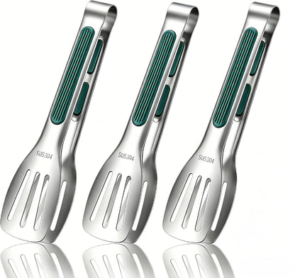 Stainless Steel Kitchen Tong Set - Anti-Slip Heat-Resistant Grip, Widened 3-Line Slotted Heads for Easy Clamping (Steaks, BBQ, Pasta, Salads), Easy Clean for Versatile Use Set of 3-6", Silver