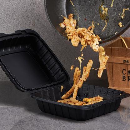 8X8 3-Compartment 50-Pack Plastic Clamshell Takeout Food Trays Heavy Duty Togo Disposable Box Carryout Meal Prep Packaging Catering Hinged Containers With Secure Snap Lid (Formerly FULING)