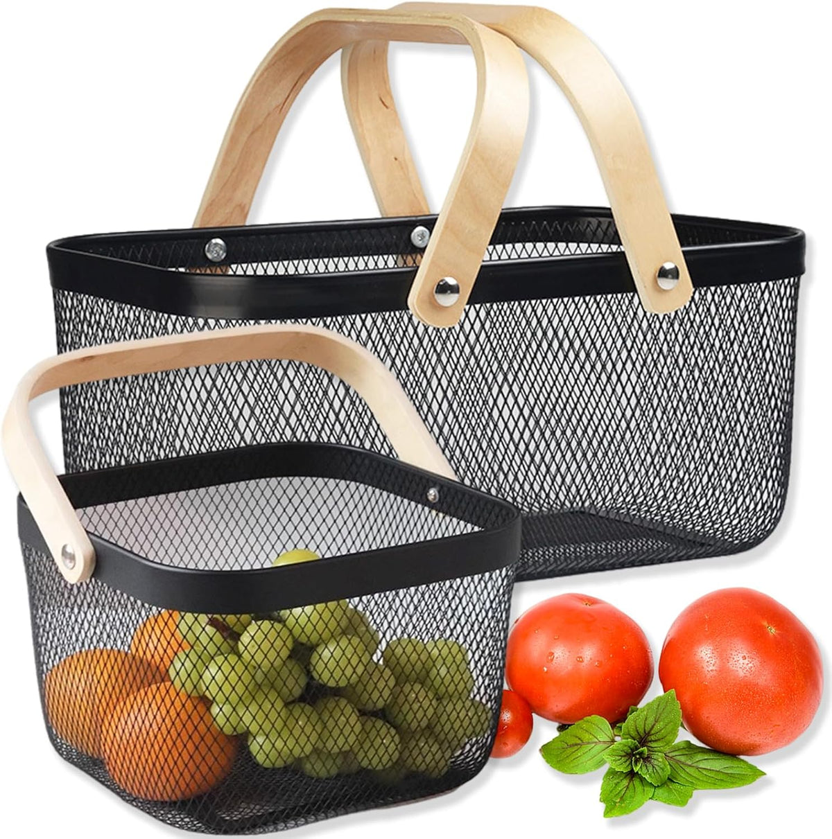 Cheardia 2 Pack Picnic Baskets, Metal Mesh Harvest Basket with Foldable Wooden Handle, Rectangle Garden Storage Basket Bin for Vegetable Fruit Garden Kitchen Cabinet Picking Gathering
