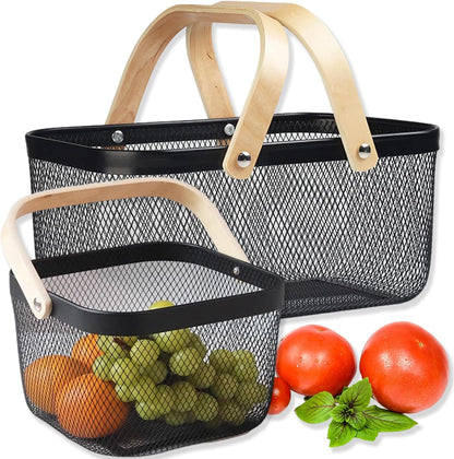 Cheardia 2 Pack Picnic Baskets, Metal Mesh Harvest Basket with Foldable Wooden Handle, Rectangle Garden Storage Basket Bin for Vegetable Fruit Garden Kitchen Cabinet Picking Gathering