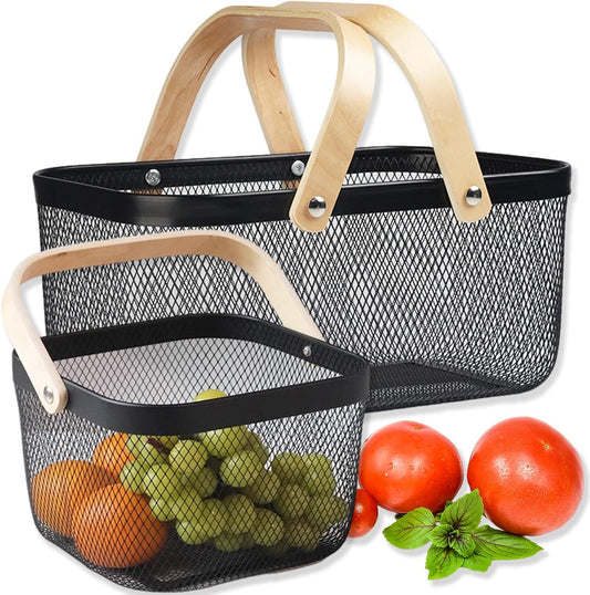 Cheardia 2 Pack Picnic Baskets, Metal Mesh Harvest Basket with Foldable Wooden Handle, Rectangle Garden Storage Basket Bin for Vegetable Fruit Garden Kitchen Cabinet Picking Gathering