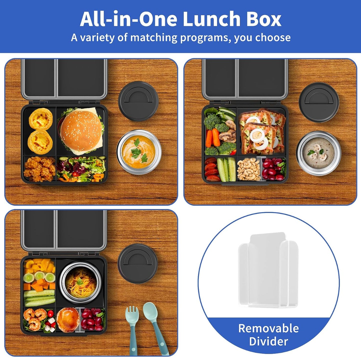 Bento Box for Kids with Thermo Food Container (9oz), 4-Compartment Lunch Box, Adjustable Divider, Leakproof Bento Lunch Box, Includes Utensils & Carry Bag for School, Office(Blue)