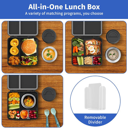Bento Box for Kids with Thermo Food Container (9oz), 4-Compartment Lunch Box, Adjustable Divider, Leakproof Bento Lunch Box, Includes Utensils & Carry Bag for School, Office(Blue)