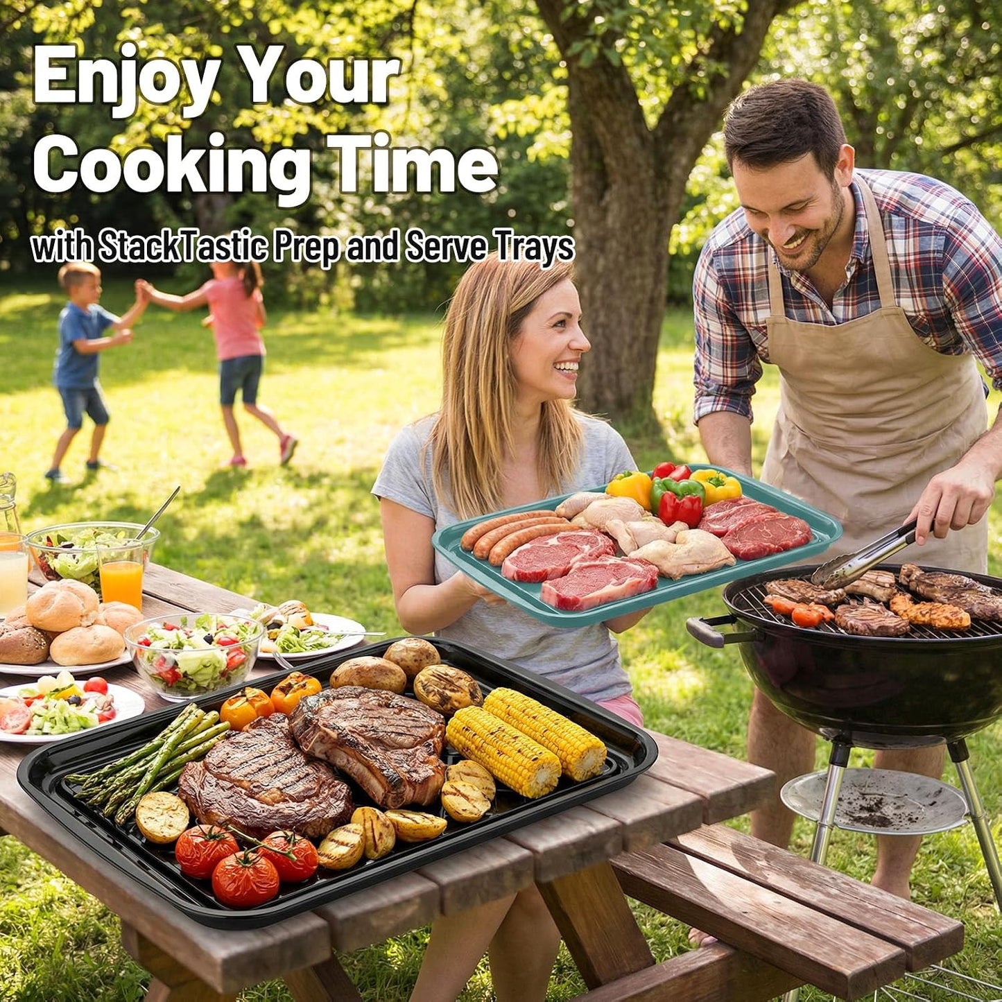 Grilling Prep & Serving Tray, Set of 2 Stackable Plastic BBQ Trays for Raw and Cooked Food, Dishwasher Safe, 17"×10.5" Outdoor Cooking, BBQ Accessories for Parties, Green & Black