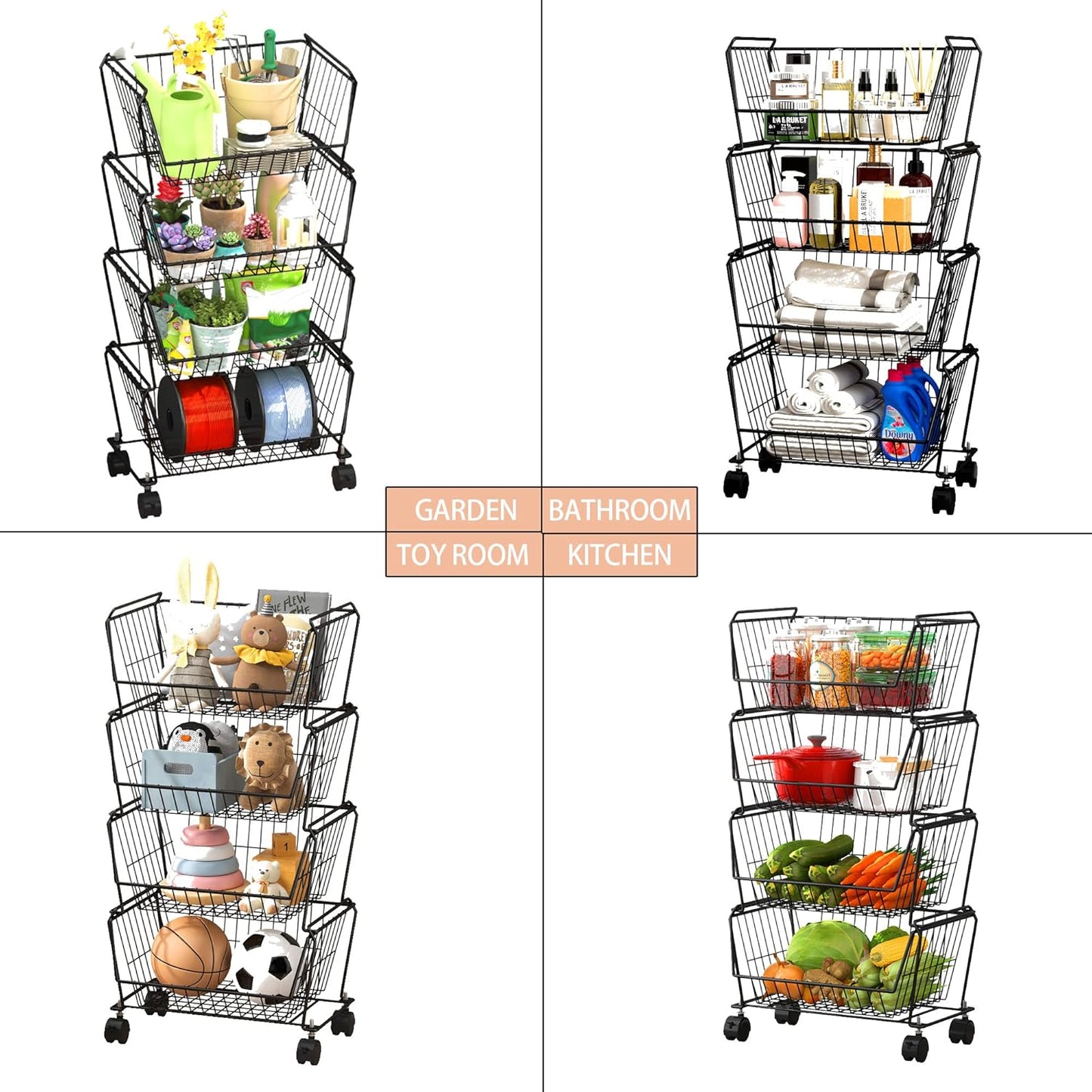 PUSDON 4-Tier Spacious Stackable Wire Storage Baskets with Wheels, Metal Rolling Utility Cart Organizer, Fruit and Vegetable Produce Basket for Kitchen Pantry, Everyday Bathroom Shelf, Silver Grey
