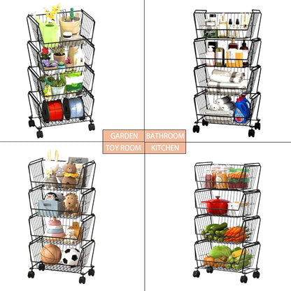 PUSDON 4-Tier Spacious Stackable Wire Storage Baskets with Wheels, Metal Rolling Utility Cart Organizer, Fruit and Vegetable Produce Basket for Kitchen Pantry, Everyday Bathroom Shelf, Silver Grey