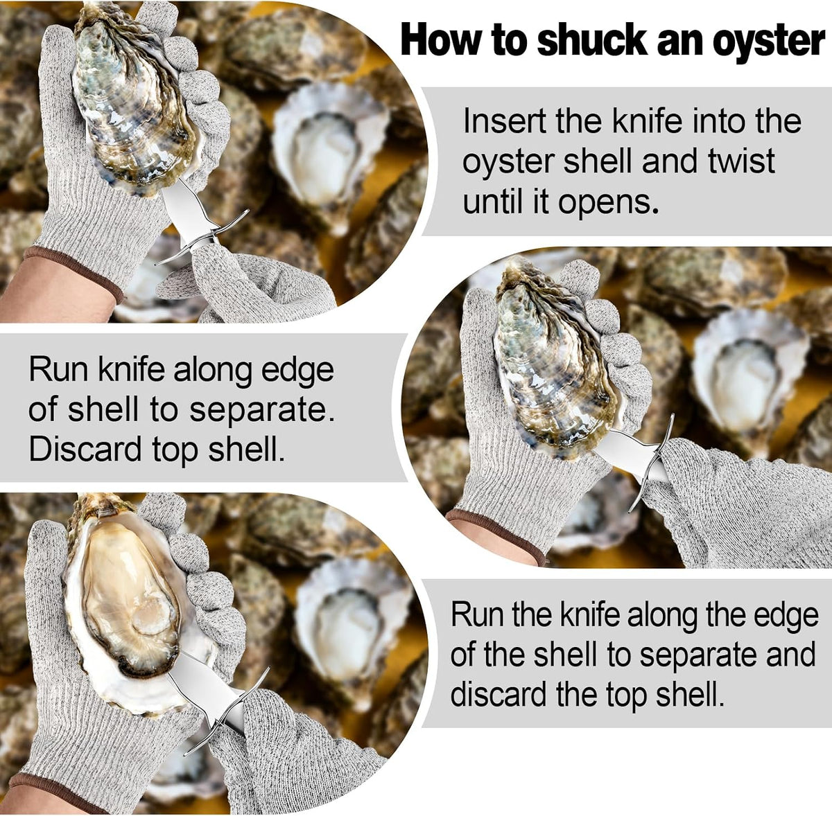QUMMFA Professional Oyster Shucking Knife, 2CR13 Stainless Steel Oyster Knife, Sturdy Sharpness Opener for All Kinds of Shells, and Level 5 Cut Resistant Glove (XL)
