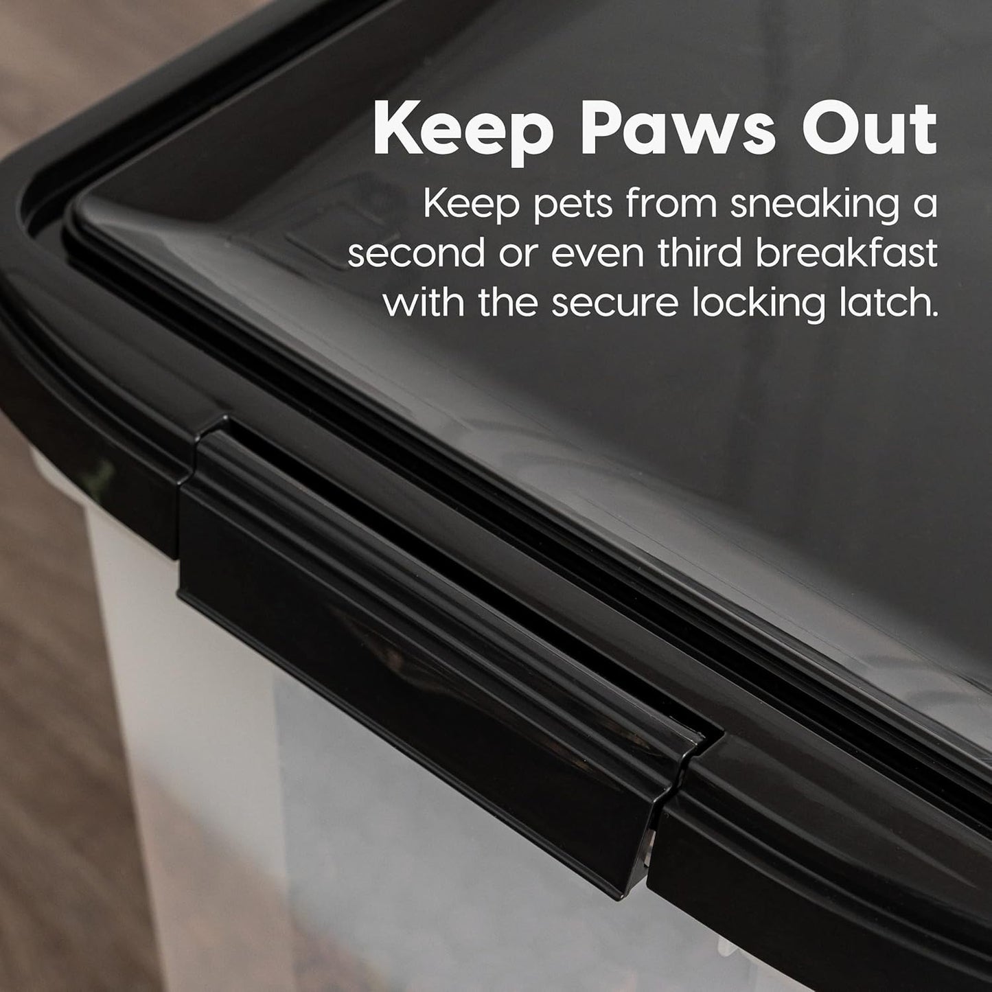 IRIS USA Airtight Dog Food Storage Container, WeatherPro, Up to 25 lbs, Removable Wheels, for Dog Cat Bird and Other Pet Food Storage Bin, Keep Fresh, Translucent Body, Made in USA, Clear/Black