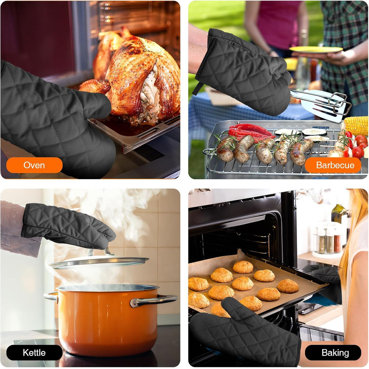 Silicone Oven Mitts, Heat Resistant 2PCS Oven Mitts with Soft Cotton Lining, Waterproof Non-Slip Grip Oven Glove, Kitchen Potholder Mits for BBQ, Baking, Cooking, 12.5 Inch - Grey