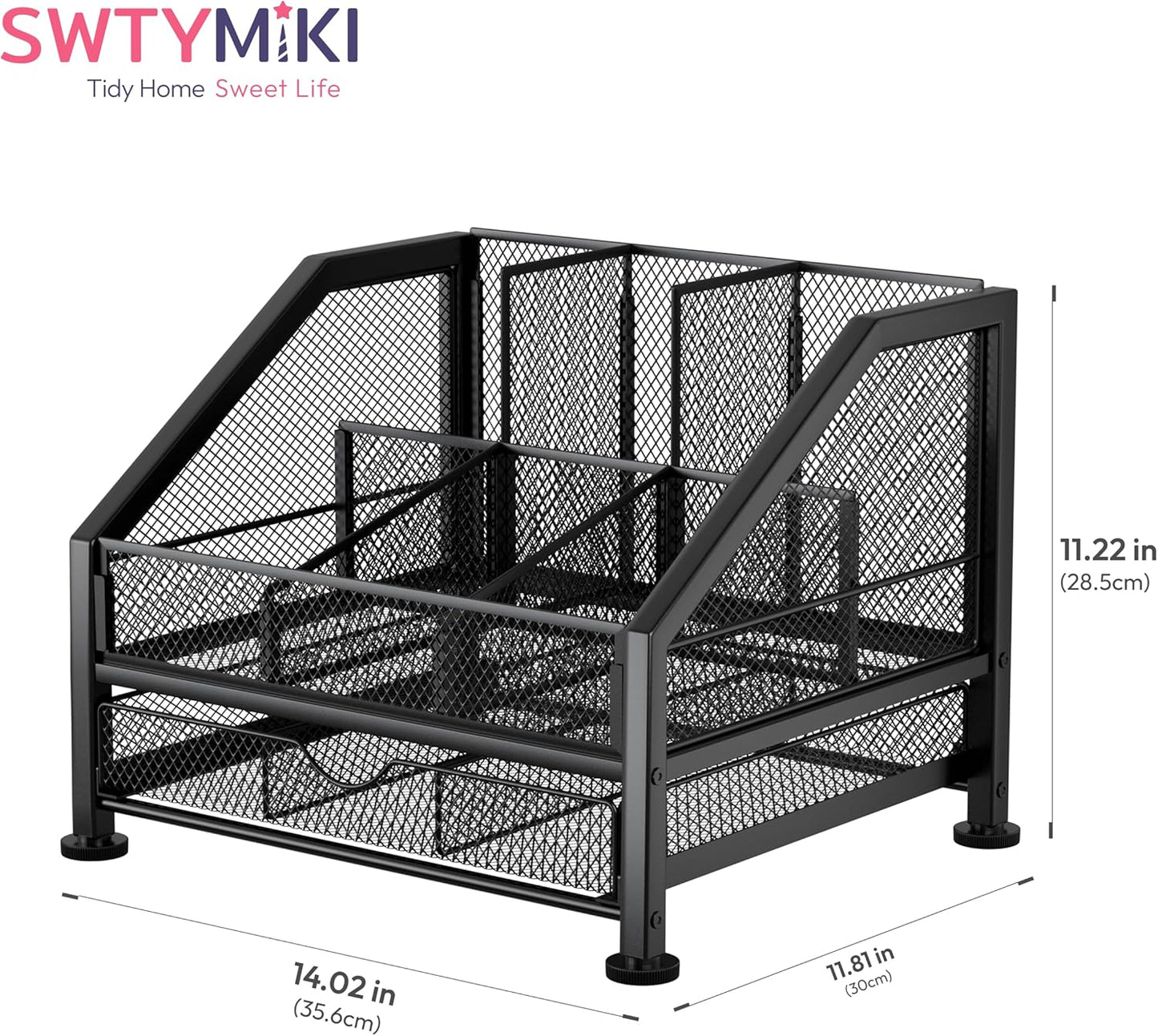 SWTYMIKI Coffee Bar Organizer for Countertop – Space-Saving Kcup Organizer with Tiered Shelves, Countertop Coffee Station for Pods, Sugar, Syrup, Cups, Stirrers, Mesh Condiment Storage