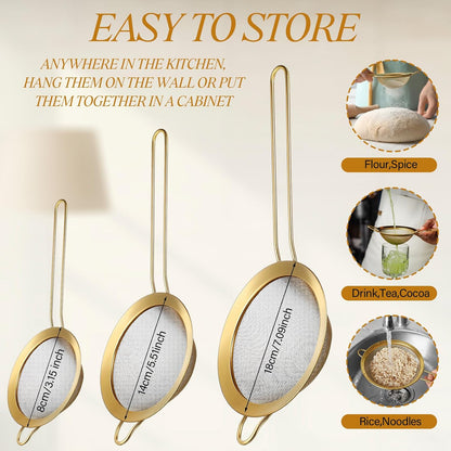 LemonRoad Gold Over the Sink Colander with Expandable Handles and 3 Pcs Gold Fine Mesh Strainer Large Stainless Steel Colander Strainer Basket for Kitchen Accessories (15-18.1 L x 10.6 W x 2.4 H)