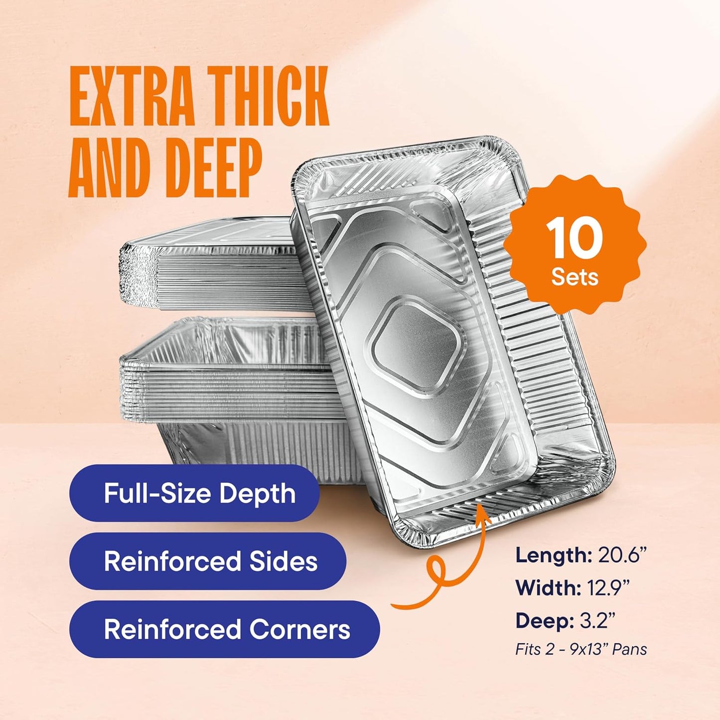 Aluminum Pans 9x13 Disposable Aluminum Foil Pans with Lids [10-Sets] Large Baking Pan Trays - Heavy Duty Tin Tray & Lid - Half Size Chafing Dishes for Roasting, Cooking, Heating or Steam