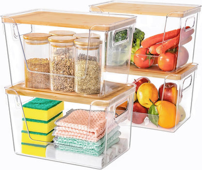 Criusia 2 Set Pantry Organizers and Storage with Bamboo Lids, Stackable Clear Bins for Onion, Potato, Fruit, Vegetables, Trash Bag Dispenser, Kitchen and Under Sink Organizer