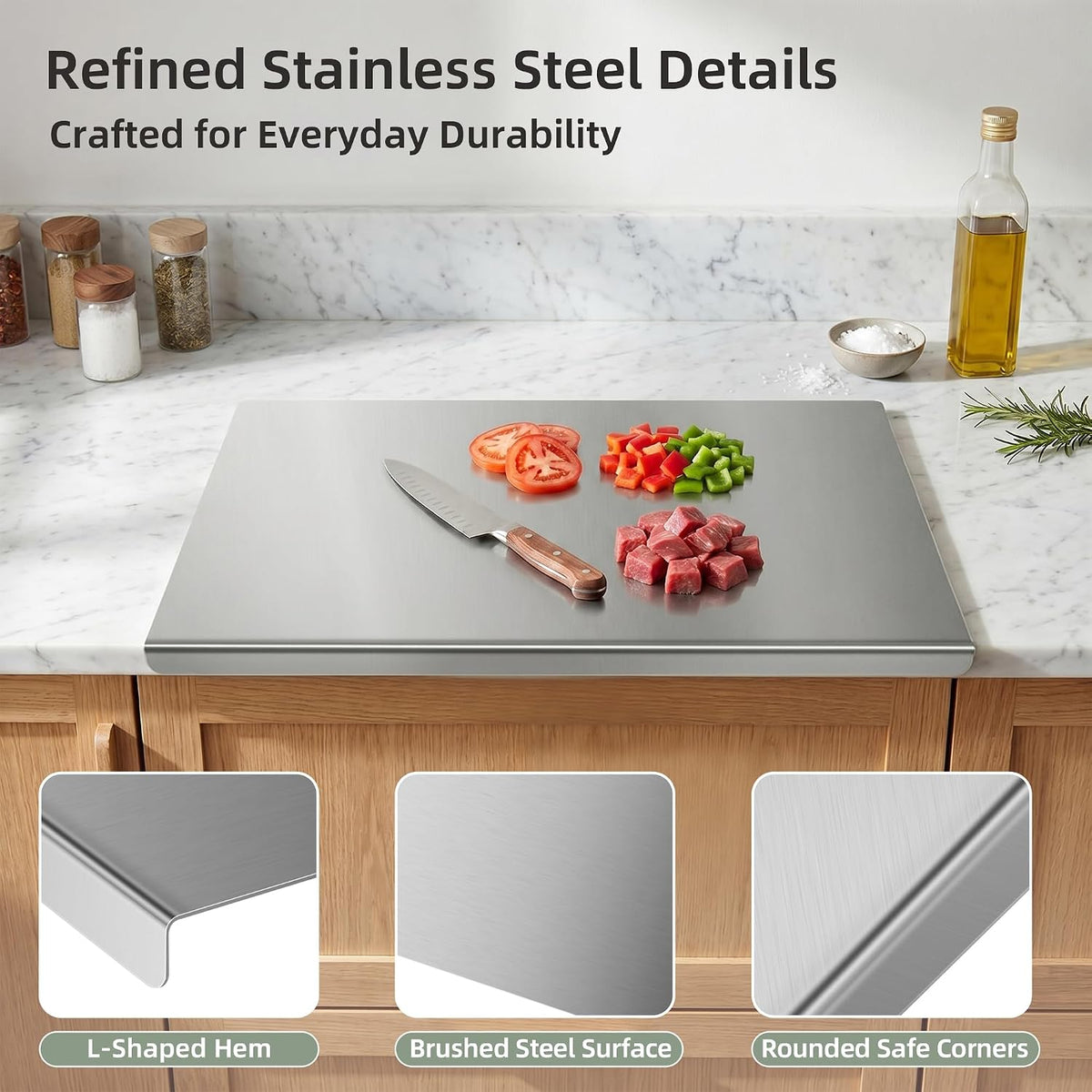 Stainless Steel Cutting Board Set with Lip, 2 Pack 16" & 24" Metal Chopping Boards for Kitchen Countertop, Non-Slip Food Prep Boards for Meat & Vegetables