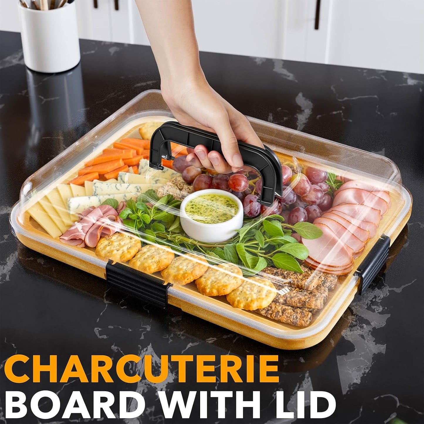 SpaceAid Charcuterie Board with Clear Lid, Portable Travel Cheese Cutting Boards for Picnic Accessories, Bamboo Serving Tray with Lids, House Warming Gifts, Black Handles, 8 Compartments