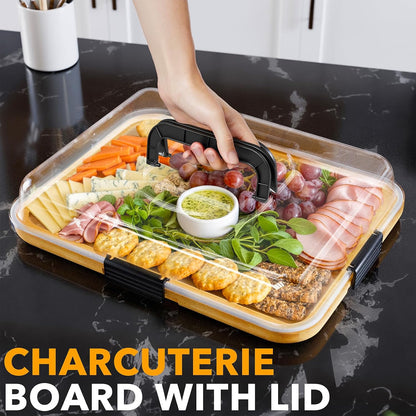 SpaceAid Charcuterie Board with Clear Lid, Portable Travel Cheese Cutting Boards for Picnic Accessories, Bamboo Serving Tray with Lids, House Warming Gifts, Black Handles, 8 Compartments