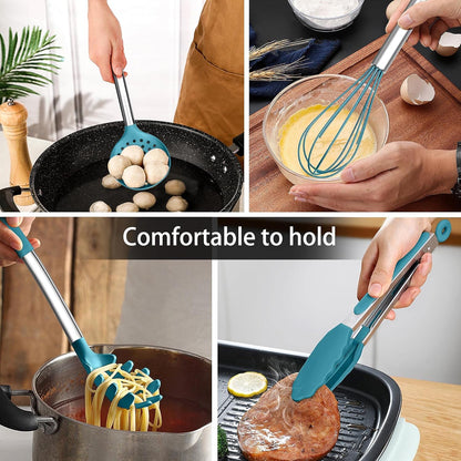 LIANYU 15 Pcs Kitchen Cooking Utensils Set with Holder, Silicone Kitchen Tools with Stainless Steel Handle, Heat Resistant Gadgets, Brush Spatula Spoon Whisk for Cookware, Dishwasher Safe, Khaki