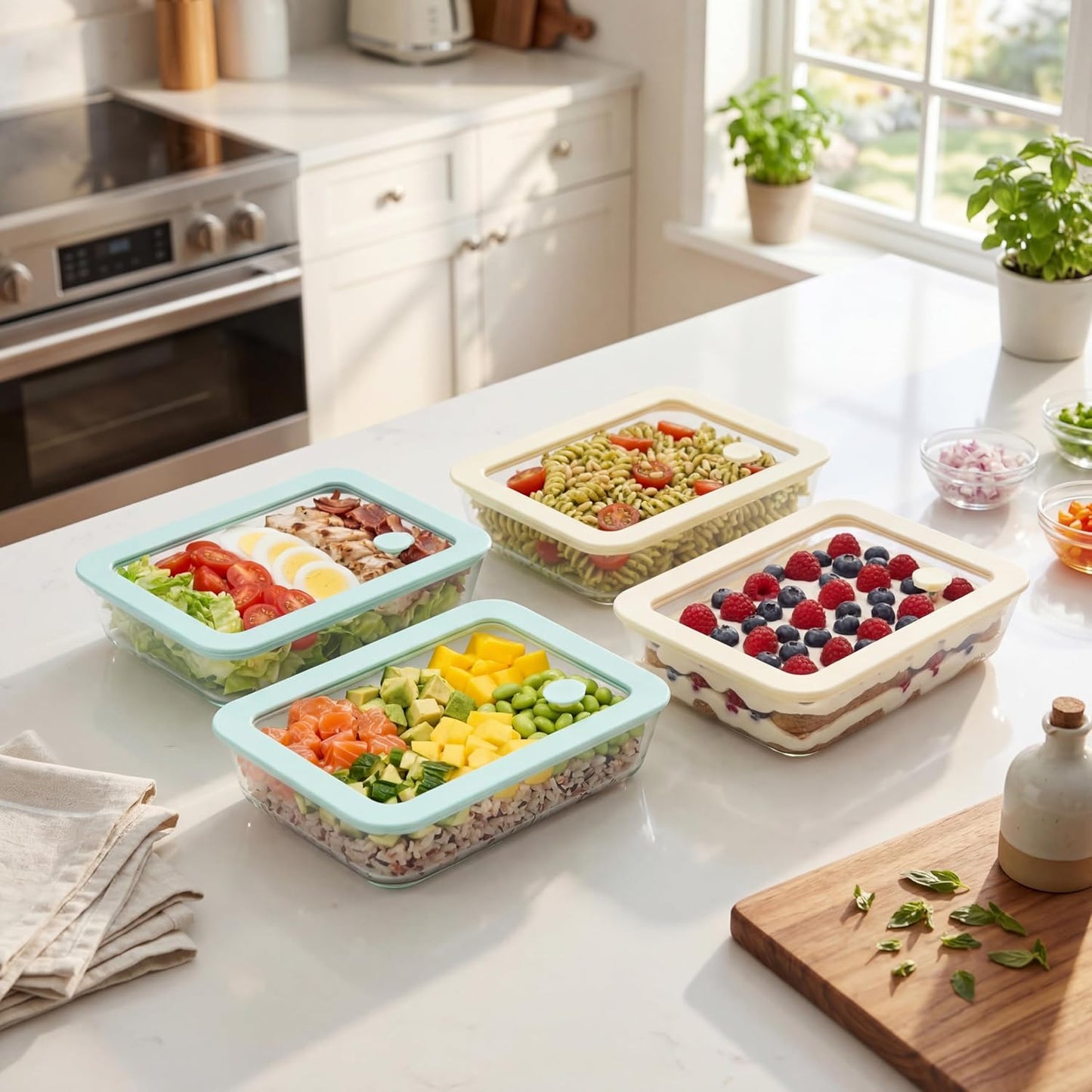 Urban Green Glass Food Container Set with Glass Lid, 5 Pack, Meal Prep Containers with Silicone Framed Airtight Lid, Leakproof, 100% Plastic Free