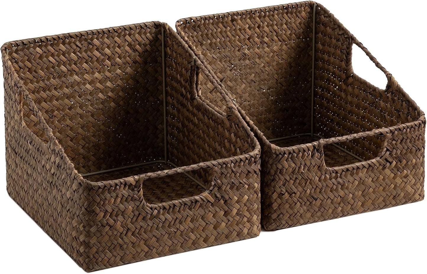 StorageWorks Water Hyacinth Pantry Storage Baskets, Wicker Baskets with Built-in Handles, Handwoven Shelf Baskets for Organizing, Pantry Organizers and Storage, 3 Pack