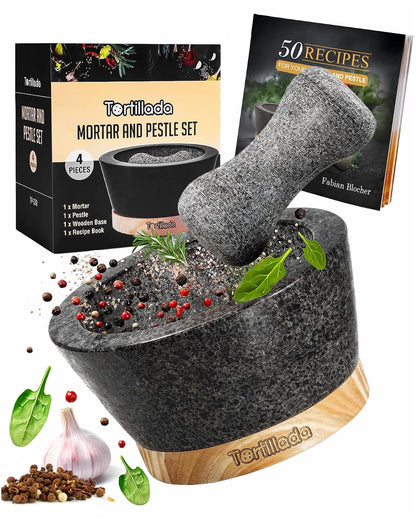 Tortillada – 6-inch Mortar and Pestle Set Large Made of Natural Granite with Anti-Scratch Wood Base Granite Spice Herb Grinder Pill Crusher with 50 Recipes, Black