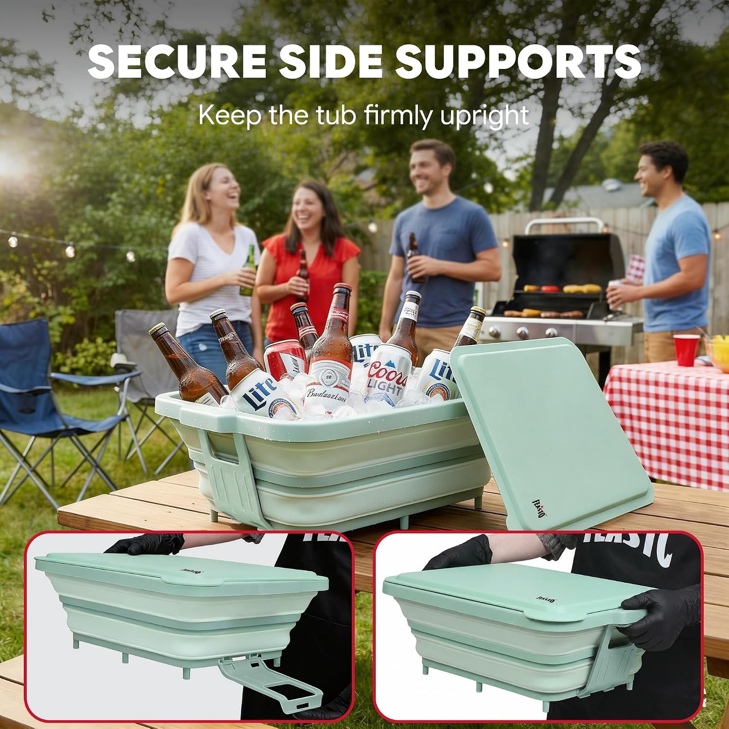 Feasto Collapsible BBQ Prep Tubs with Cutting Board, 9-IN-1, 2 Tubs Portable Grill Prep Station with Side Brackets, Lids, Knives, Meat Claws and Drain Rack, Space-Saving for Kitchen & Camping, Black