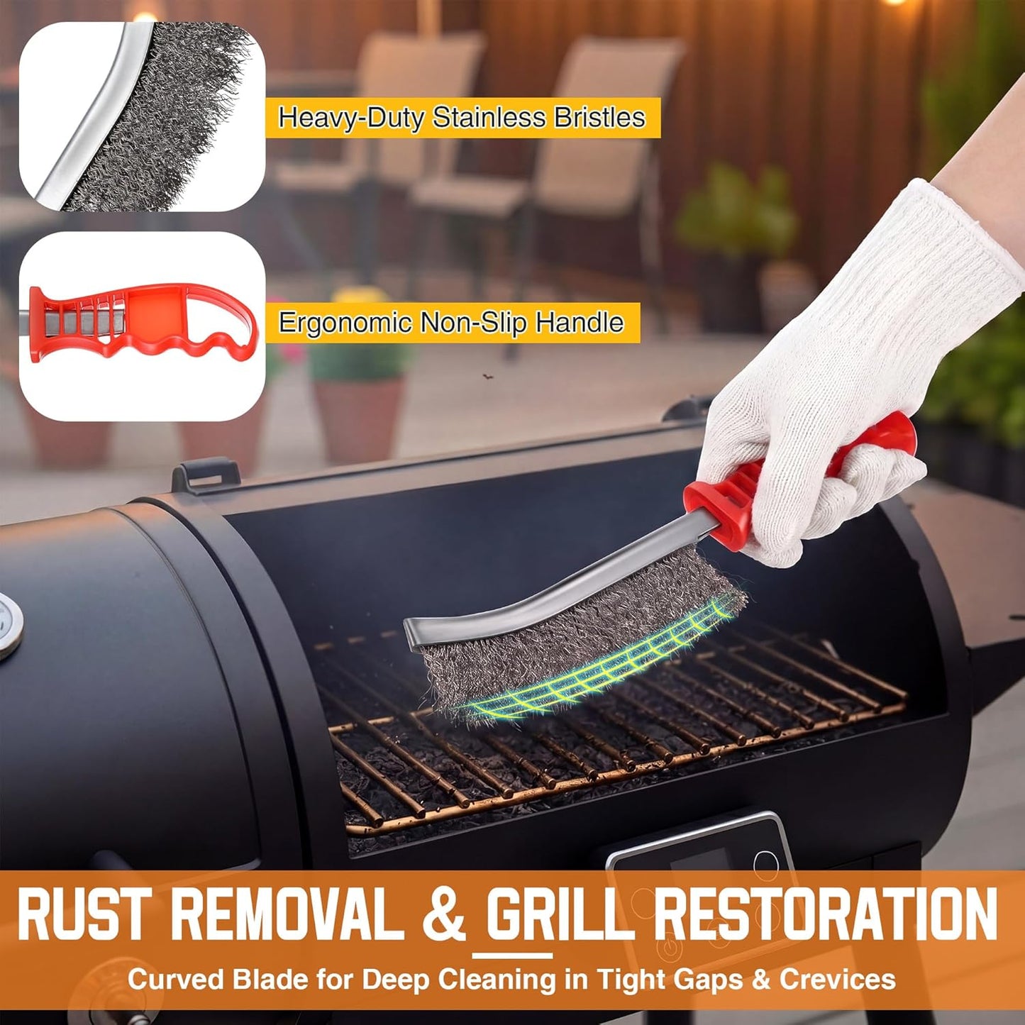 3 Piece Pellet Grill Ash Cleaning Kit, Includes Large Dust Pan, Soft Bristle Brush and Metal Scraper for Easy Removal of Ash, Debris and Grime