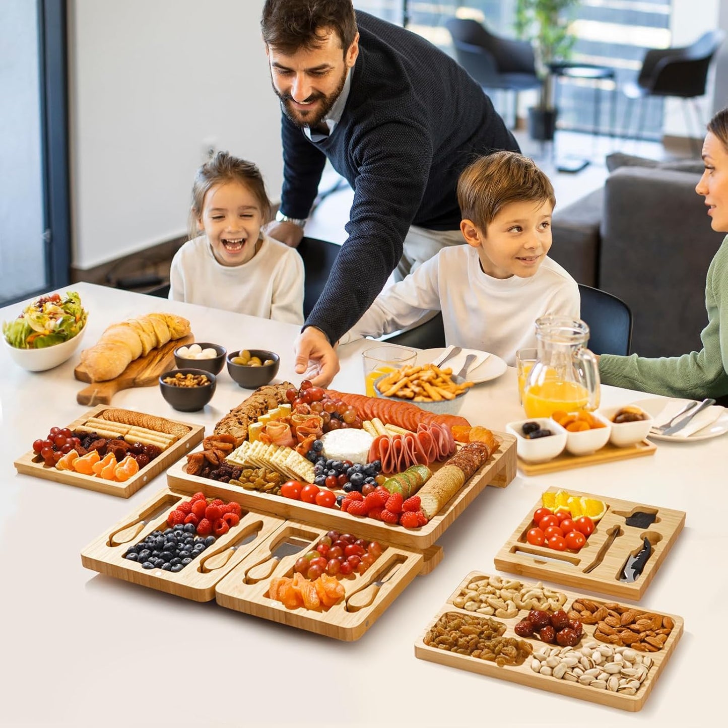Bamboo charcuterie boards Gift Set - Serving Meat Cheese Board, Charcuterie Board Set with 4 Stainless Steel Cheese Knife, Ideal for House Warming Gifts New Home, Christmas, Bridal Shower Gift