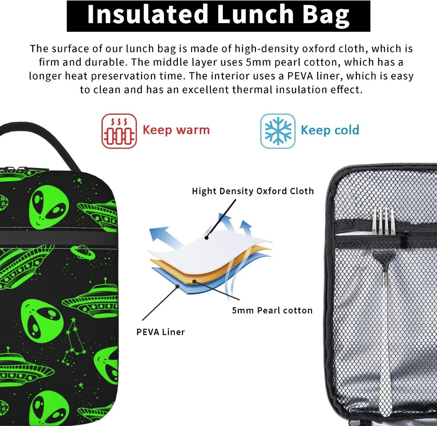 Black Cat Reusable Lunch Box Food Bag Insulated Lunch Bag for Teenage Boys Girls School Beach