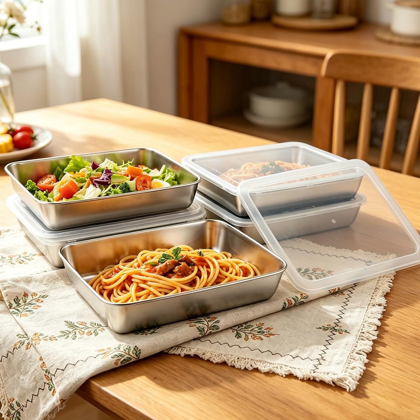 4 PCS Stainless Steel Food Storage Containers with lids,2.16 Inch Deep, 8x10 Inch Stainless Steel Oven plate, Metal Roasting Pan for Meal Prep、Meat, Rustproof & Heavy, Freezer & Dishwasher Safe