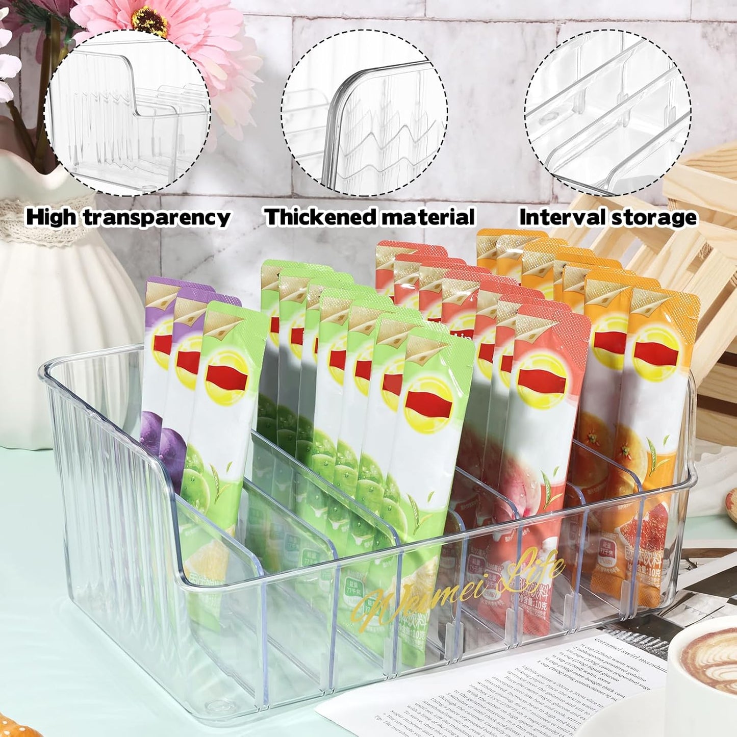 Rainmae Seasoning Packet Organizer with 7 Removable Dividers, Drink Packet Organizer Condiment Storage Caddy for Kitchen Pantry Cabinet Countertop Holds Spice Hot Chocolate Sauce Organization, Clear