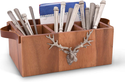 Vagabond House Caddy Rectangle Acacia Wood Flatware/Serve ware/Utensil/Carry-All Holder Solid Pewter Song Bird Accent and Real Leather Handles, 3 Small and 1 Larger Compartment 13.5 inch Long