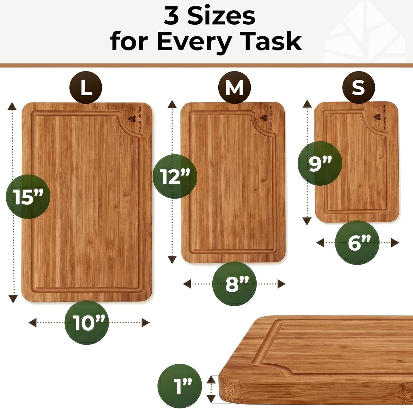 Wood Cutting Board Set of 3 with Holder - Sturdy & Easy to Clean Bamboo Wooden Cutting Boards for Kitchen - 3 Sizes of Chopping Board with Juice Grooves for Meal Prep, Everyday Use, Housewarming Gift