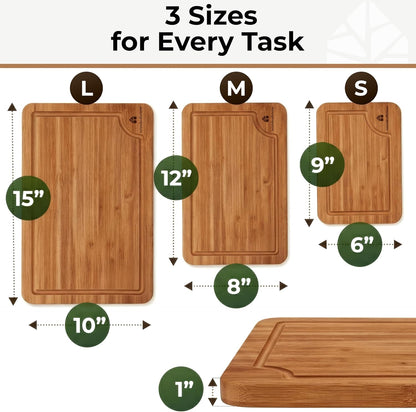 Wood Cutting Board Set of 3 with Holder - Sturdy & Easy to Clean Bamboo Wooden Cutting Boards for Kitchen - 3 Sizes of Chopping Board with Juice Grooves for Meal Prep, Everyday Use, Housewarming Gift