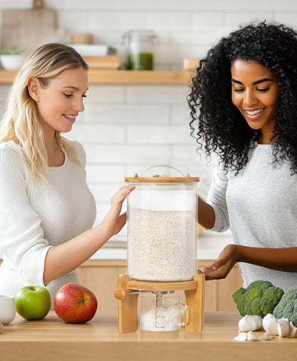 HBlife 5-7 Lbs Glass Rice Dispenser with Wooden Stand Flour and Cereal Container with Glass Measuring Cup Pantry Food Organization Storage Bin with Airtight Bamboo Lid, 3L