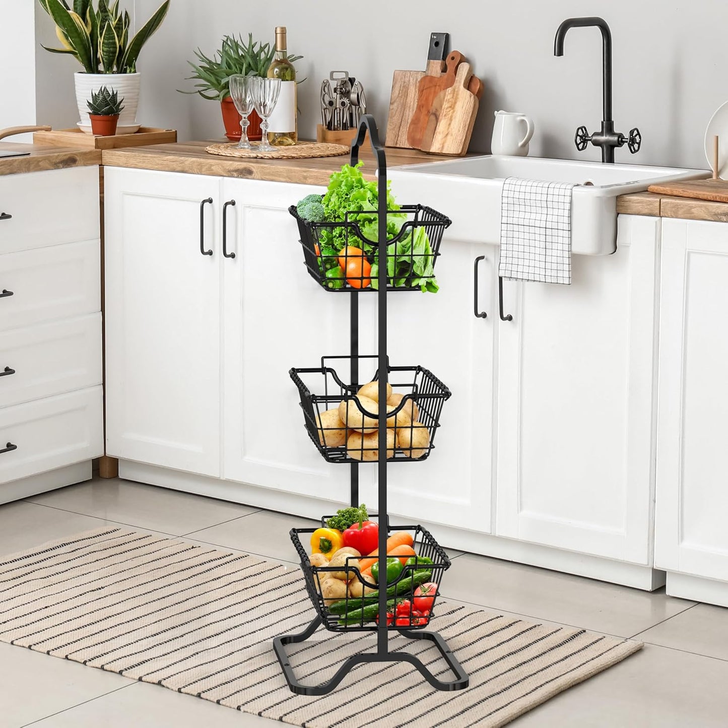 Simple Houseware 3-Tier Rigid Wire Market Fruit Basket Stand, Black