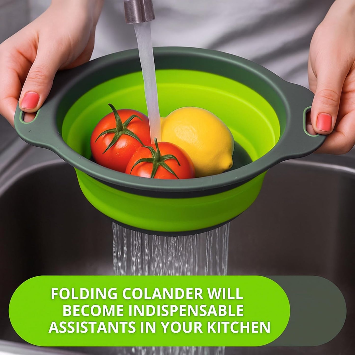 3PCS Green Foldable Kitchen Strainer Set – Silicone Colander Collapsible Strainers and Colanders Green Collander for Kitchen Collapsible Compact Drain Tools for Cooking Prep