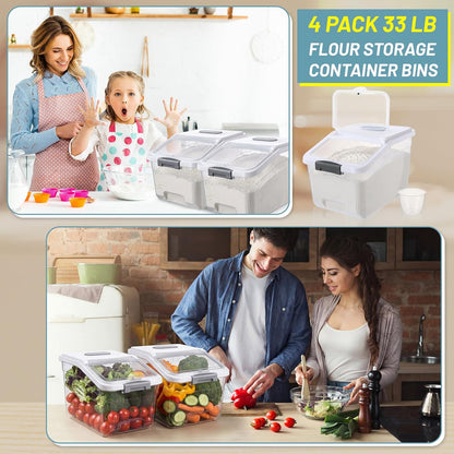 Blushtier 4 Pack Large Rice Storage Containers 30 Lbs Airtight Flour Container with Seal Locking Lid and Measuring Cup Kitchen Dry Food Storage Bins for Cereal Sugar Beans(Transparent White)
