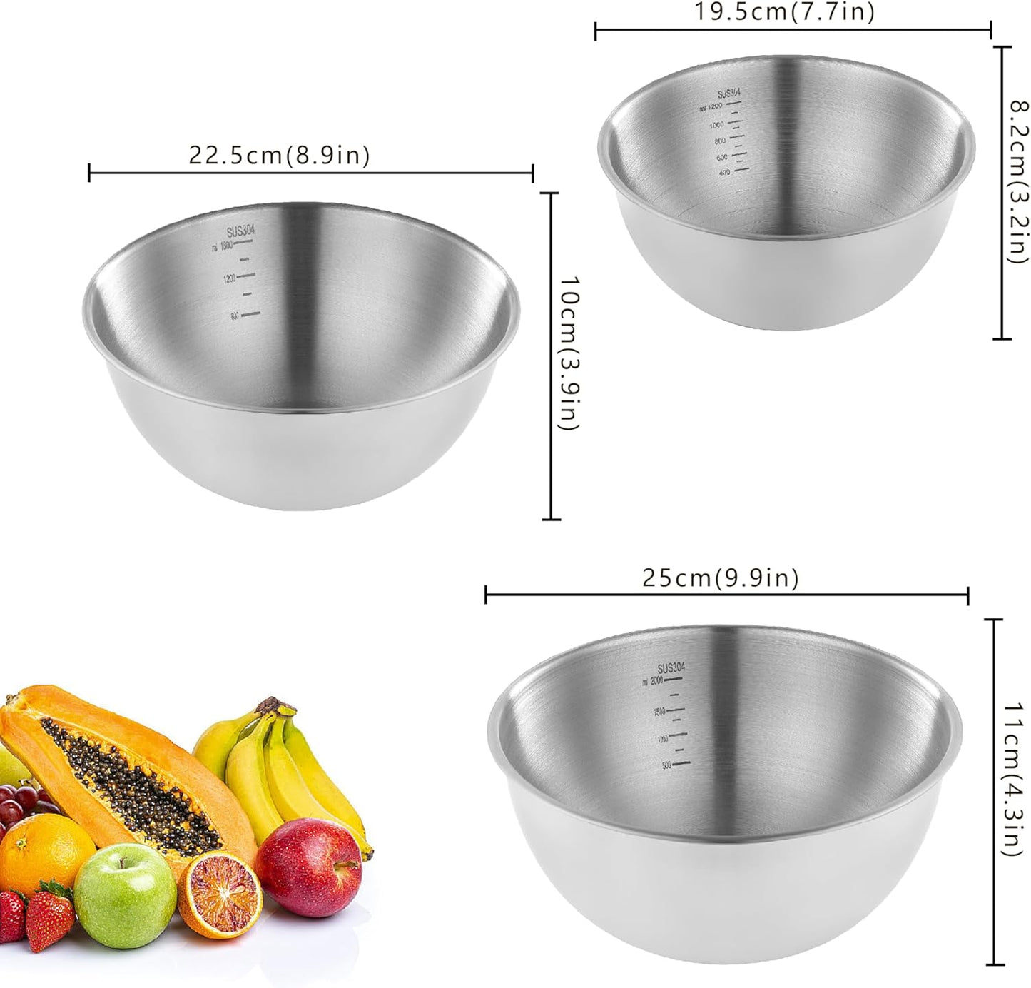 Stainless Steel Mixing Bowls Set of 3，Nesting Metal Prep Bowls with Interior Measurement Marks for Baking, Cooking & Food Storage - Space Saving, Rust-Proof & Dishwasher Safe