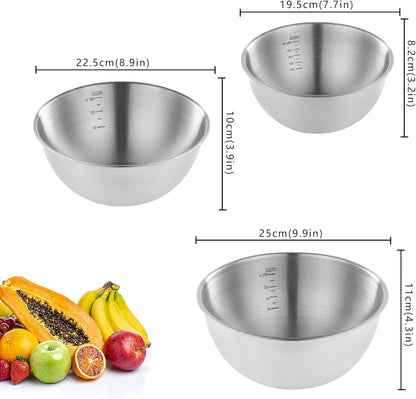 Stainless Steel Mixing Bowls Set of 3，Nesting Metal Prep Bowls with Interior Measurement Marks for Baking, Cooking & Food Storage - Space Saving, Rust-Proof & Dishwasher Safe