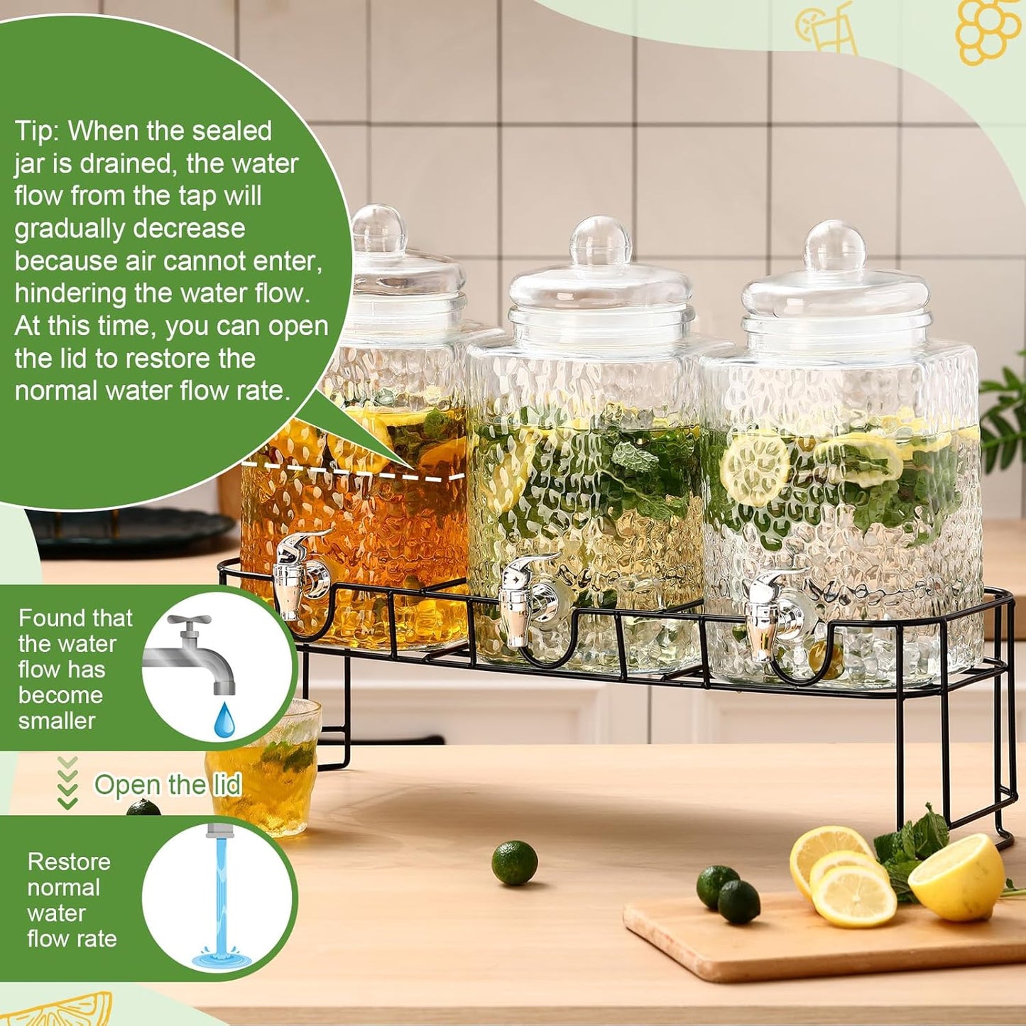 Honeydak 1.5 Gallon Glass Beverage Dispenser with Stand Stainless Steel Spigot Glass Lid Clear Iced Juice Container Leakproof Drink Dispenser Countertop Lemonade Water Jar for Wedding Party (3 Pack)