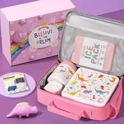 Fimibuke Kids Bento Snack Lunch Box with 4 Compartment, Insulated Lunch Bag, Stainless Steel Vacuum Thermo Food Jar, Ice Pack, Utensils Set, Birthday Gifts for Age 3-12 Back to School Toddler Girl Boy