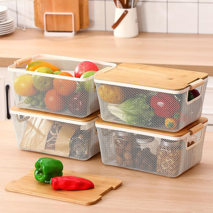 Geelin 4 Pcs Metal Wire Basket with Wooden Handles and Bamboo Lids 12.2 x 8.27 x 5.51 Mesh Steel Basket Stackable Storage Bins Organizer Containers for Vegetables Fruit Home Cabinet Pantry(White)